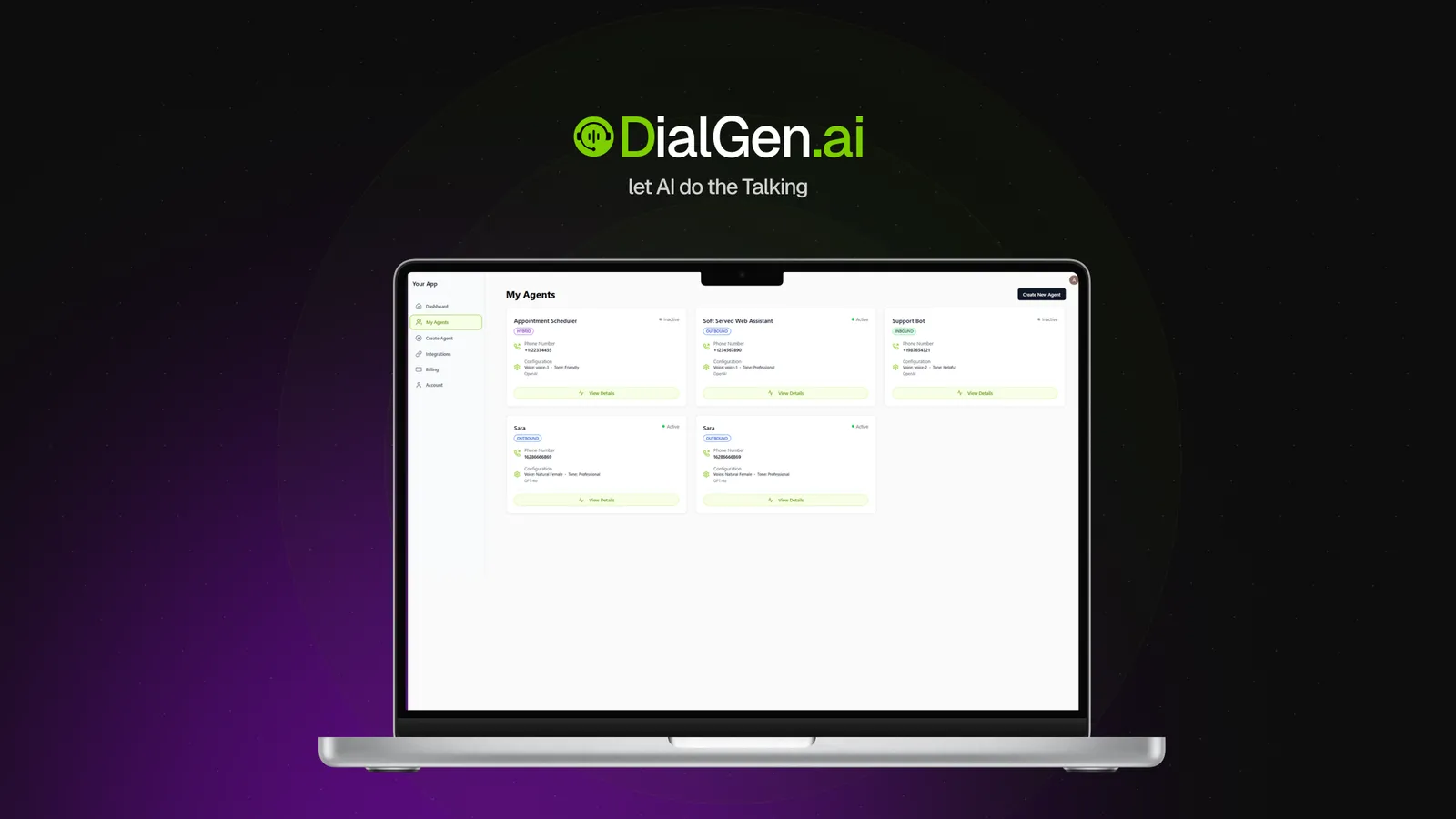 Dialgen AI voice agent dashboard showing agents deployed